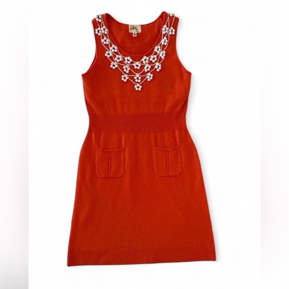 Milly 100% Cashmere Beaded Sweater Dress Red Orange Knit Mini Cocktail Size S - Picture 2 of 7